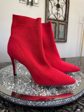 MIA Red Knit Pointed Sock Heeled Booties 8.5
